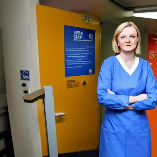 Image similar to an nhs surgeon looks scared of a liz truss demon