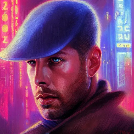 Image similar to ultra realistic portrait painting of blade runner 2 0 4 9, art by bruce pennington, 4 k, ultra realistic, highly detailed, epic lighting