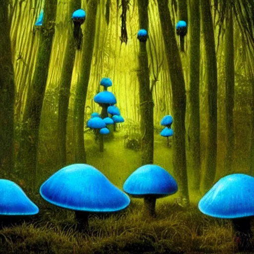 Prompt: Huge glowing blue mushrooms inside a rainforest, eerie, by Beksinski and Salvador Dali