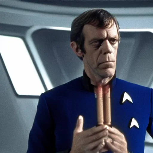 Prompt: a still of hugh laurie in an episode of star trek : the next generation