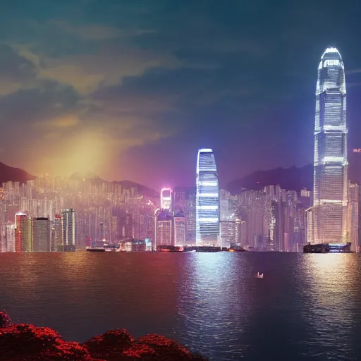 Image similar to ultra photorealistic film still of hong kong skyline. sparkling lights, wide shot, frog perspective, ultra sharp, wes anderson, studio ghibli, pixar and disney animation, octane render, anime key art by greg rutkowski, bloom, dramatic lighting,