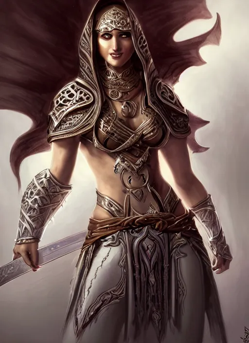 Prompt: portrait of an athletic arabian woman warrior as a diablo 3 character, looking at camera, D&D, sword master, long black hair, intricate, elegant, stylish, cute smile, fantasy, extremely detailed, digital painting, artstation, concept art, smooth, sharp focus, illustration, ambient lighting, art by artgerm and greg rutkowski and alphonse mucha and simon stalenhag