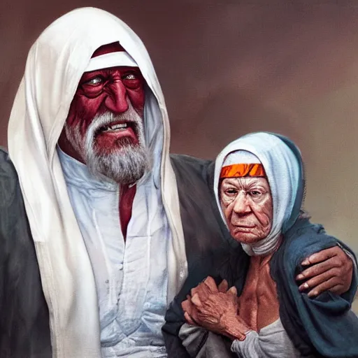 Image similar to a hyper realistic painting of mother theresa and hulk hogan, by greg rutkowski and santiago caruso,