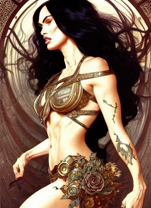 Image similar to megan fox as the goddess of chaos!! intricate elegant, highly detailed, digital painting, artstation, concept art, smooth, sharp focus, illustration, art by ( ( ( artgerm ) ) ) and greg rutkowski! and ( ( alphonse mucha ) ), heavily influenced by frank frazetta and boris vallejo