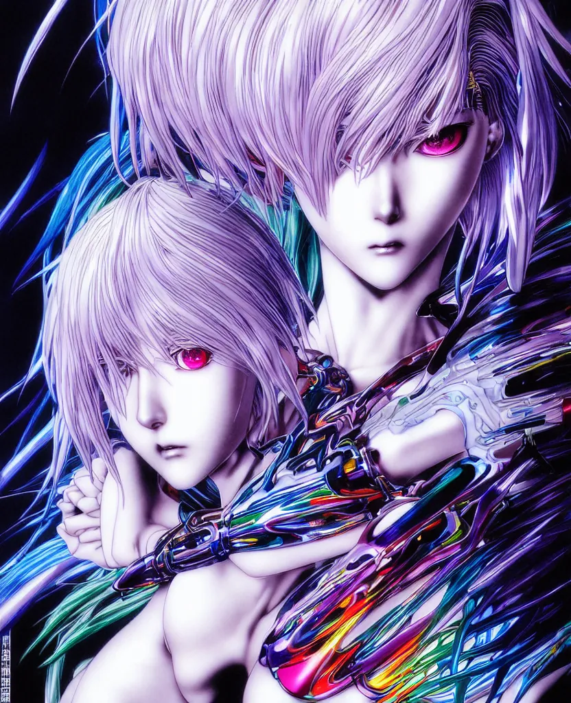 Image similar to realistic detailed image of ultra mega rainbow realistic detailed female character rei ayanami symmetrical depth perception masterpiece depth of field action horror gothic vivid colors art by yoshitaka amano by yukito kishiro by yoshiyuki sadamoto by artgerm by hajime sorayama