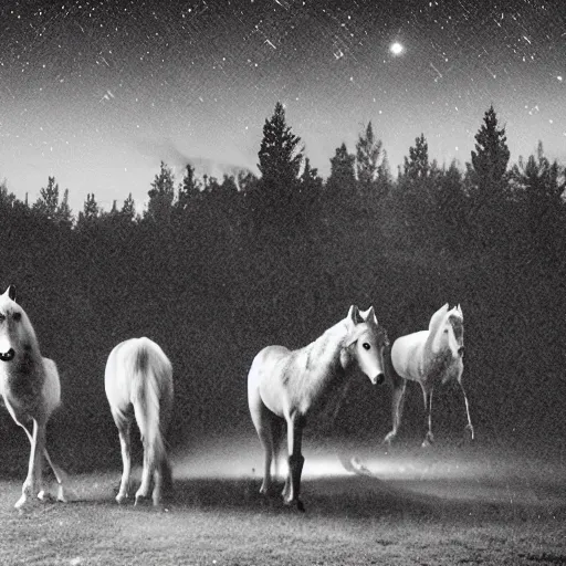 Image similar to wolf pack surrounding two horses at night