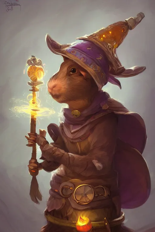 Image similar to cute little anthropomorphic Guinea Pig Mage, wielding a magic staff, tiny, small, short, Wizard robe, cute and adorable, pretty, beautiful, DnD character art portrait, matte fantasy painting, DeviantArt Artstation, by Jason Felix by Steve Argyle by Tyler Jacobson by Peter Mohrbacher, cinematic lighting