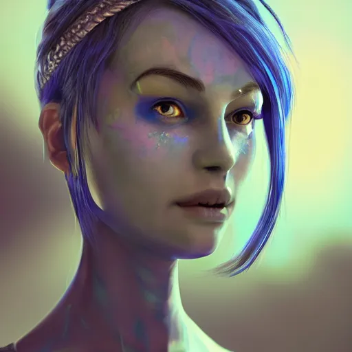 Image similar to portrait of a blue alien girl, digital art, highly detailed, concept art, intricate, sharp focus, Trending on Artstation HQ, deviantart, unreal engine 5, 4K UHD image