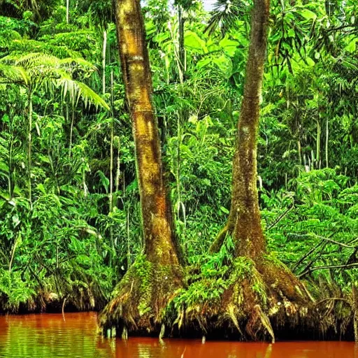 Image similar to magical trees and the amazon river in the amazon rainforest by anderson debernardi and pablo amaringo