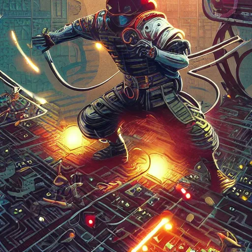 Image similar to combat ninja cyborgs combat in cybercity, golden hour, art by petros afshar and carl barks and hieronymus bosch and santiago caruso, highly detailed