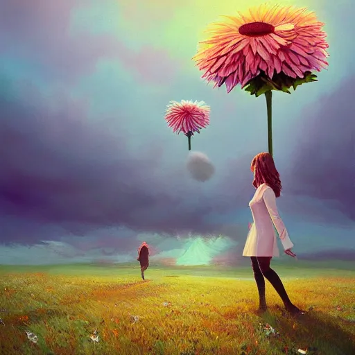 Image similar to giant daisy flower head, frontal, girl in a suit, surreal photography, sunrise, dramatic light, impressionist painting, digital painting, artstation, simon stalenhag