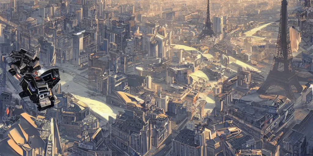 Prompt: paris in 3 0 0 0 with giant robots and flying cars