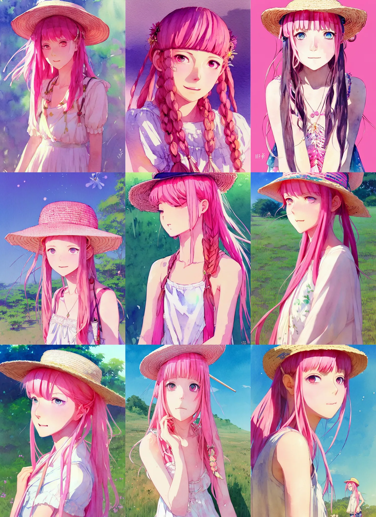 Prompt: portrait of a cute girl with pink hair with straw hat dress in boho style camping, symmetry face, top lighting, cute - fine - face, ( watercolor ), light novel cover art, art by hidari and krenz cushart and wenjun lin and starember and kuvshinov ilya and kidmo and conrad roset