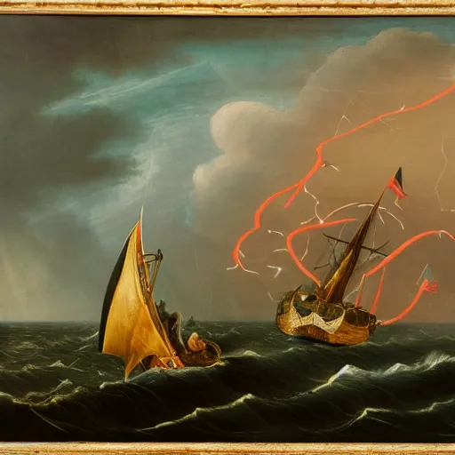 Image similar to a medieval vessel sailing the sea in a rough storm, sailors frantically pulling at ropes and tying the sails, large waves crashing and lightning striking in the distance, dark great clouds swirling above, detailed and oil painting