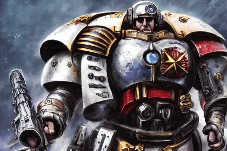 Image similar to nicolas cage as space marine, warhammer, photo, digital art, artstation, high detailed