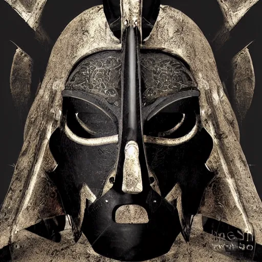 Image similar to an ancient warrior in black wearing a metal mask, digital art