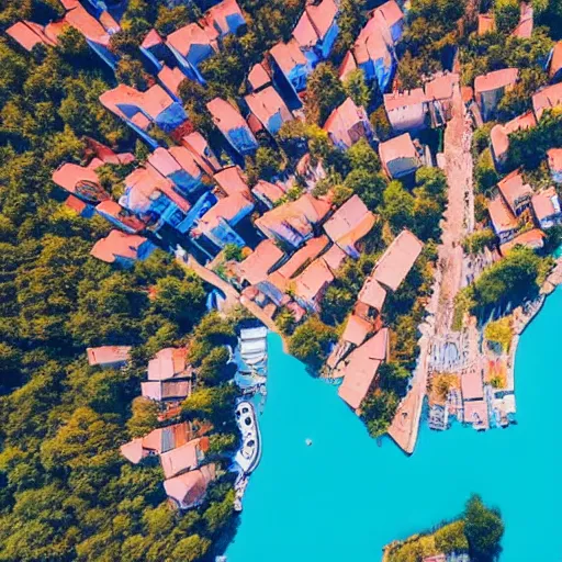 Prompt: View from directly above a blue lake with a city made of wood, more details