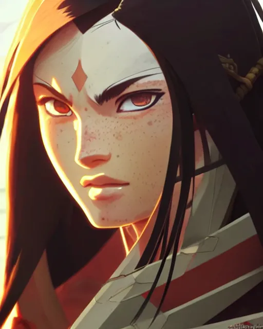 Image similar to azctec warrior, megan fox, detailed perfect face, exquisite details, fire magic, mid view, design on a white background, by studio muti, greg rutkowski makoto shinkai takashi takeuchi studio ghibli