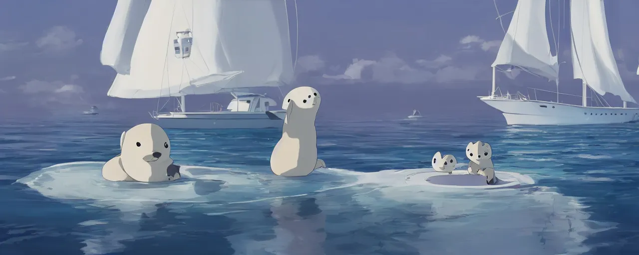 Image similar to baby harp seal on a mega yacht, detailed, atey ghailan, goro fujita, studio ghibli, rim light, exquisite lighting, clear focus, very coherent,