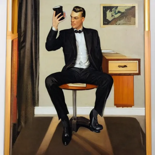 Prompt: man in desk with coffee and black suit by leyendecker and dean cornwell, 8 feet from the camera, 6 0 ´ s bauhaus design futurist furniture