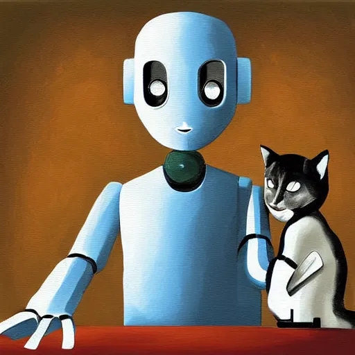 Prompt: robots having a discussion in front of a cat, digital painting