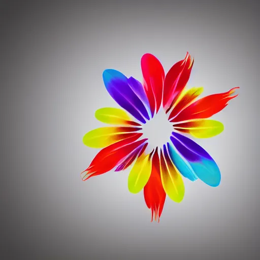 Prompt: multi colored flower petals flowing through the air from left to right on a clean background