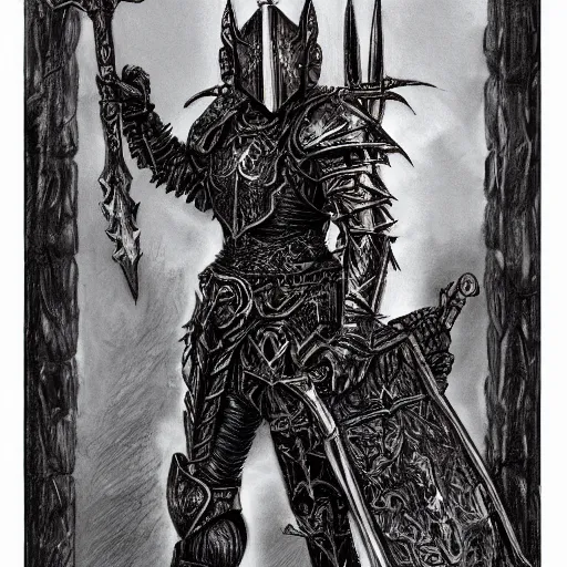 Prompt: gothic knight, intricate etched armor, standing astride a gate, artstation, charcoal, in the style of terese nielsen, full color