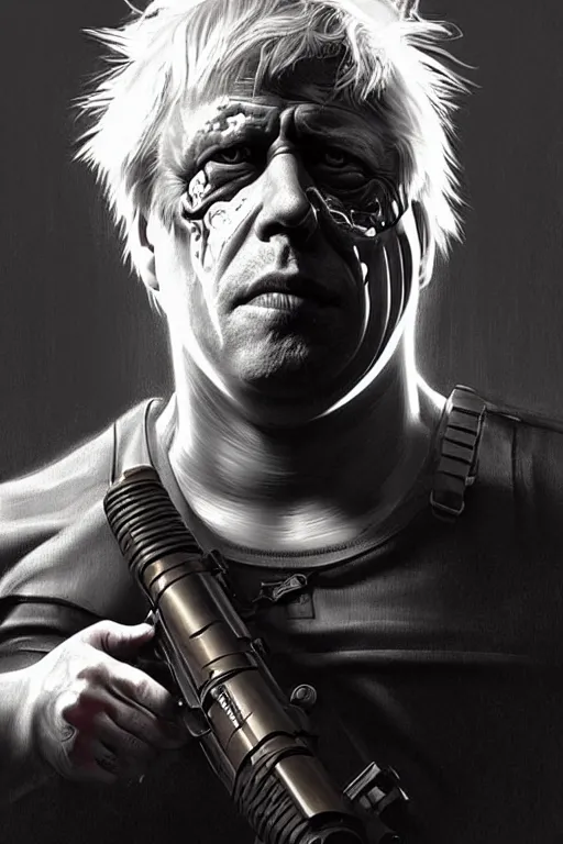 Image similar to Boris Johnson as Terminator, Boris Johnson hairstyle, full body realistic portrait, highly detailed, digital painting, artstation, concept art, smooth, sharp focus, illustration, cinematic lighting, art by artgerm and greg rutkowski and alphonse mucha