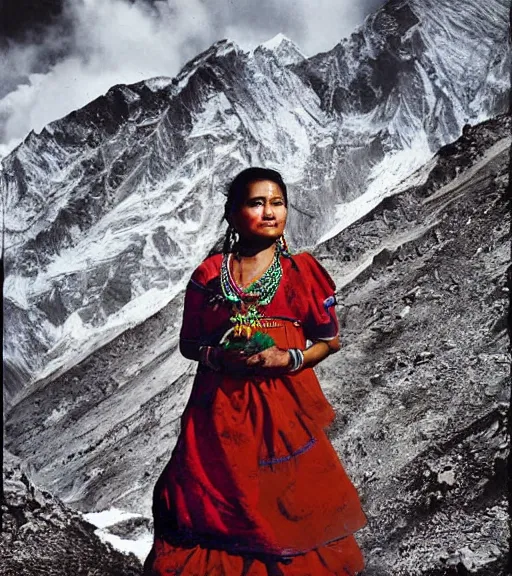 Prompt: vintage_portrait_photo_of_a_stunningly beautiful_nepalese_maiden in the himalayan mountains by Annie Leibovitz