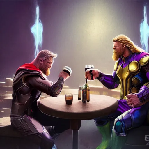 Image similar to Thanos and Thor having beers in a tabern, elegant, highly detailed, artstation, concept art, smooth, sharp focus, 4k