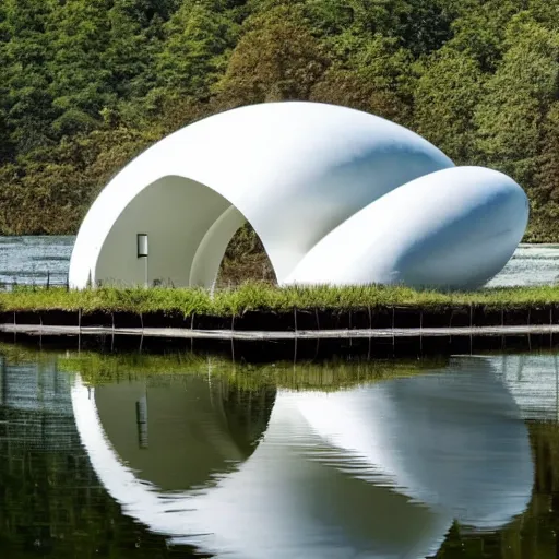 Prompt: a building formed by many multi - white egg - shaped spaces arranged and combined. on the calm lake, people's perspective