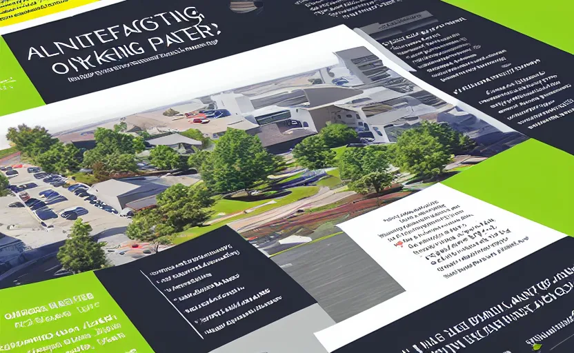 Prompt: a marketing flyer for a suburban office park, inside spread, graphic design