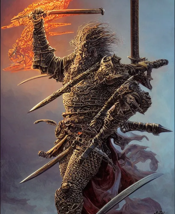 Image similar to battle - worn warrior with legendary sword, fantasy, man, cool armour, intricate, highly detailed, digital painting, artstation, concept art, wallpaper, smooth, sharp focus, illustration, art by larry elmore, jeff easley, clyde waldwell, keith parkinson, daniel r horne