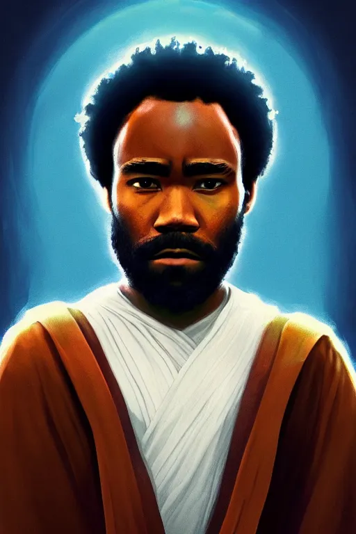 Image similar to Donald Glover as a Jedi from Star Wars, Naboo, realistic portrait, symmetrical, highly detailed, digital painting, artstation, concept art, smooth, sharp focus, cinematic lighting, art by Ralph McQuarry