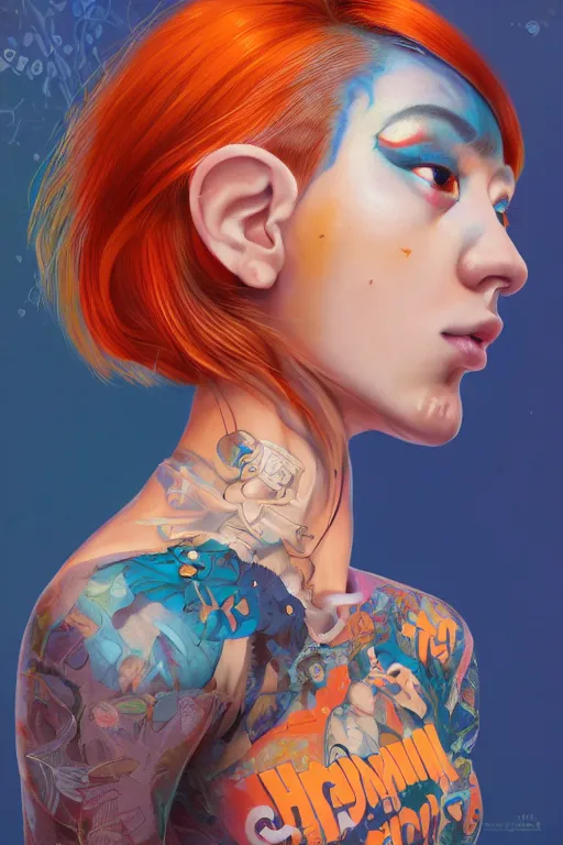 Image similar to a award winning half body portrait of a beautiful caucasian woman in a croptop and cargo pants with ombre orange blue teal hairstyle with head in motion and hair flying by yoshii chie and hikari shimoda and martine johanna and will eisner, outrun, vaporware, digital art, trending on artstation, highly detailed, fine detail, intricate