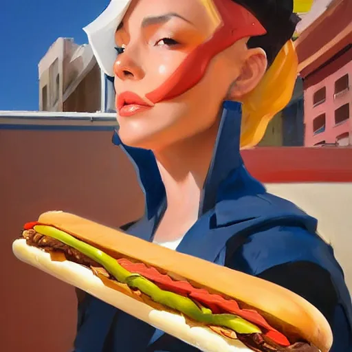 Image similar to greg manchess portrait painting of new york hotdog stand overwatch character, medium shot, asymmetrical, profile picture, organic painting, sunny day, matte painting, bold shapes, hard edges, street art, trending on artstation, by huang guangjian and gil elvgren and sachin teng