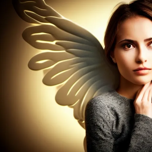 Image similar to beautiful female angel, wings, Latina, asymmetrical face, ethereal volumetric light, sharp focus