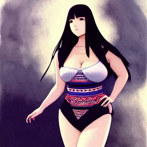 Image similar to a beautiful plus sized model japanese natalie portman, alluring plus sized model, wearing mayan leotard with elegant mayan apron overalls, street fashion hip hop style with mayan patterns, aztec street fashion, gapmoe yandere grimdark, trending on pixiv fanbox, painted by greg rutkowski makoto shinkai takashi takeuchi studio ghibli, akihiko yoshida