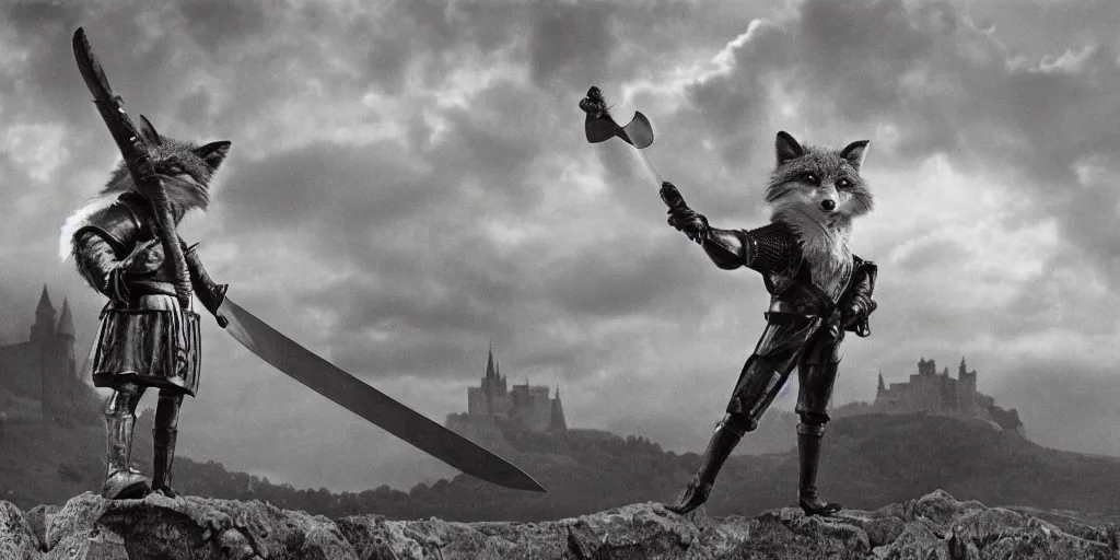 Image similar to anthropomorphic fox who is a medieval knight holding a sword towards a stormy thundercloud 1 9 3 0 s film still, castle in the background