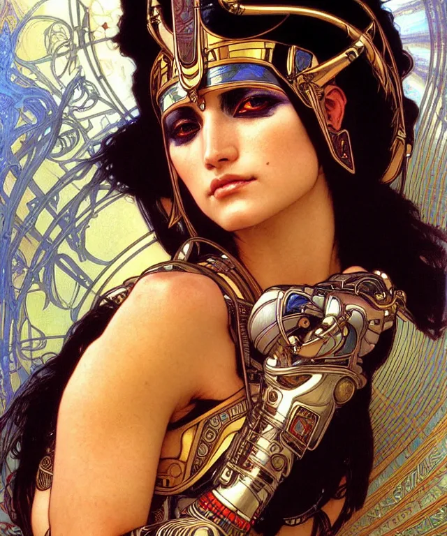 Prompt: realistic detailed face portrait of a beautiful futuristic egyptian warrior priestess bast in alien cyberpunk armor by alphonse mucha, ayami kojima, amano, greg hildebrandt, and mark brooks, female, feminine, art nouveau, egyptian cyberpunk, stargate, neo - gothic, gothic, character concept design