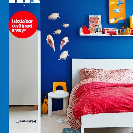 Image similar to An IKEA catalogue photo of a childrens bedroom , underwater with a vampire squid