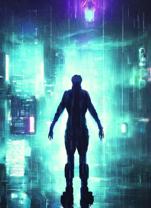 Image similar to one cyber godly person made of cosmic nebula galaxy energy watching a rainy colorful complex cyberpunk futuristic city from behind at night through a window in a room, reflections, high contrast, 8 k, photorealistic, concept art, wet, highly detailed, cinematic mood by ridley scott, ghost in the shell, trending on artstation, glowing lights, sharp focus, epic