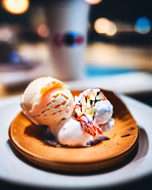 Image similar to dslr food photograph of an ice cream desert with a shrimp on. 8 5 mm f 1. 4