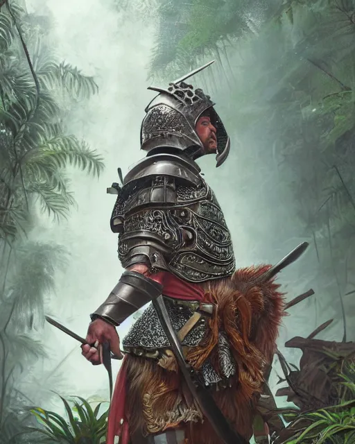 Prompt: ultra realistic illustration of a spanish conquistador wearing ornate armor in a dense foggy jungle environment by artgerm and miyazaki, octane, studio ghibli color scheme, intricate, portrait, anatomy, artstation, cinematic lighting, sharp focus, portrait, concept art, game art