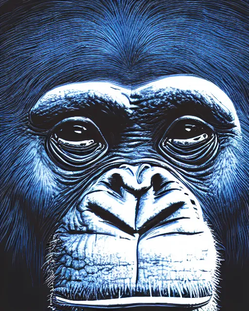 Image similar to gold, blue, illustration of a chimpanzee, 8 k, 8 5 mm f 1. 8