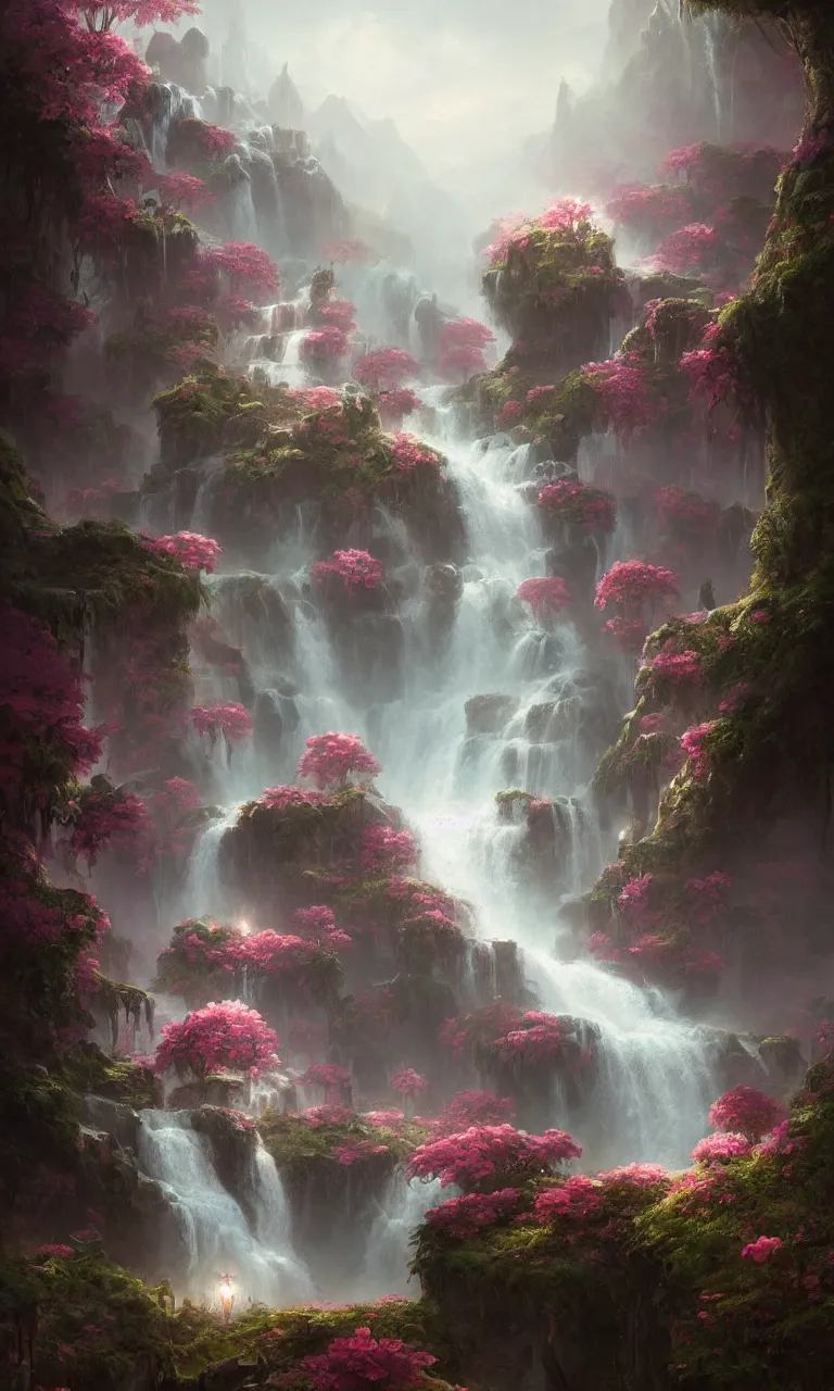 Image similar to fantasy world detailed art, dreamy roses waterfall, cinematic view, detailed, concept art, high detail, warm fantasy lighting, volumetric, trending on artstation, art greg rutkowski