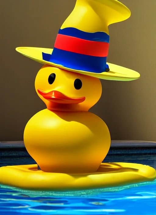 Image similar to photorealistic rubber duck in a pool wearing a sombrero hat, dynamic lighting, cinematic, hyper realism