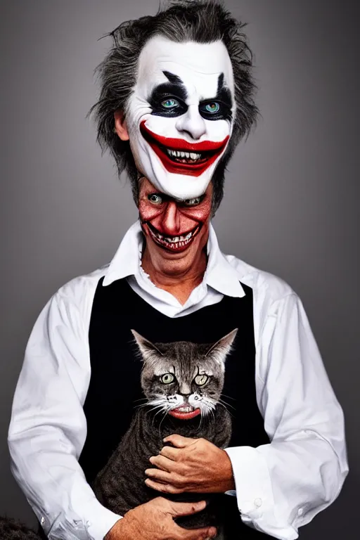 Image similar to Mauricio Macri with an angry cat in his hand in Elaborate Joker Makeup and prosthetics designed by Rick Baker, Hyperreal, Head Shots Photographed in the Style of Annie Leibovitz, Studio Lighting