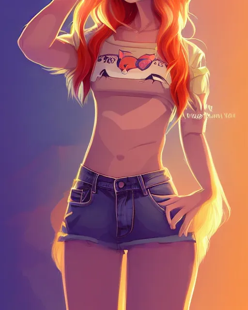 Image similar to fullbody portrait of wild half - fox woman with fox nose and ears, wearing summer jeans shorts and tshirt, anime art, concept art, detailed attractive face with fox nose and fox mouth, symmetrical, trending on pixiv, by lois van baarle by sung choi by john kirby artgerm style pascal blanche and magali villeneuve