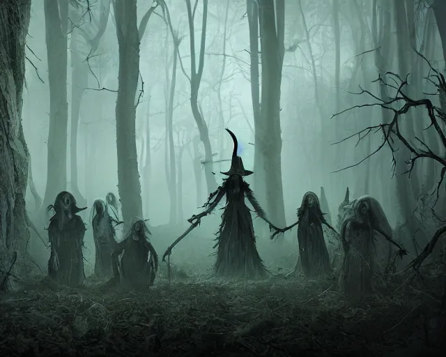 Image similar to the scariest witches surrounded by horror creatures in the scariest dark forest, epic scene, dark, scary, horror, frightening, fantasy, cinematic, redshift render, cgi, hyper - detailed, photo - bash, 8 k post - production, masterpiece